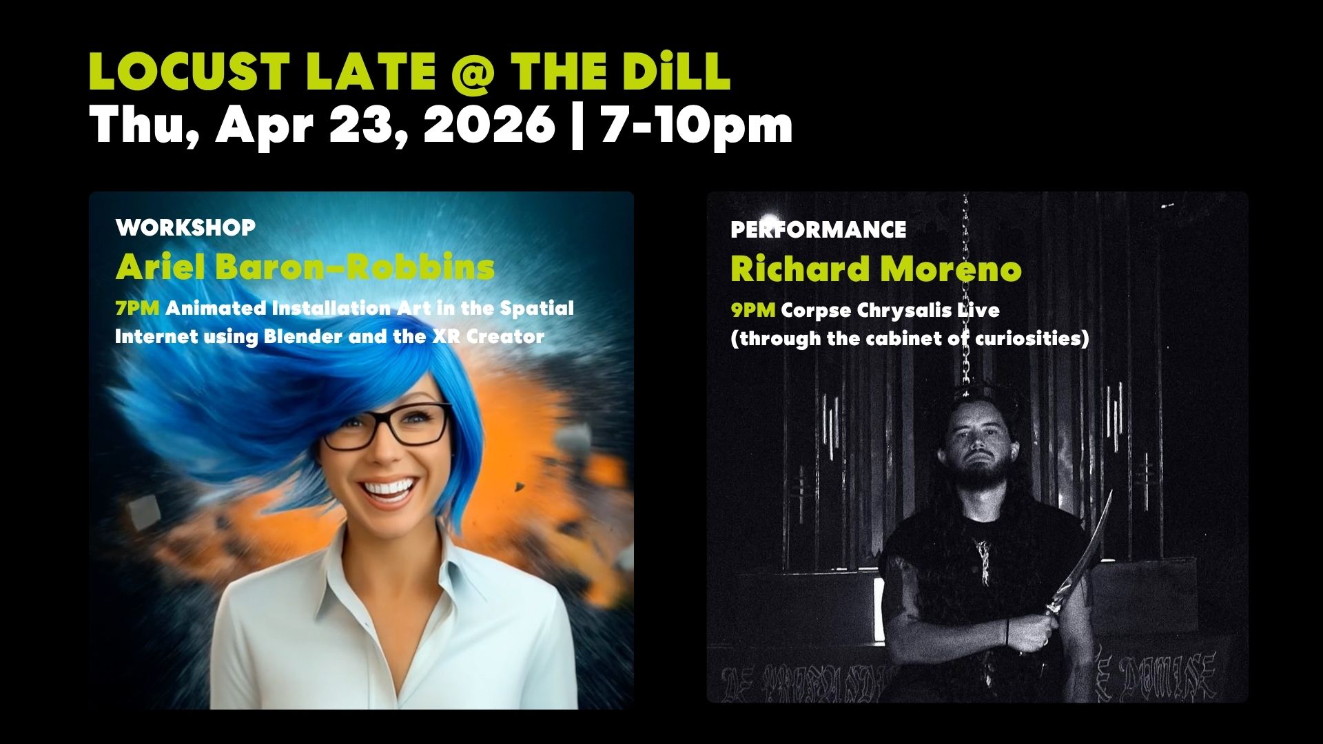 LOCUST LATE @ The DiLL: Animated Installation Art in the Spatial Internet using Blender and the XR Creator.